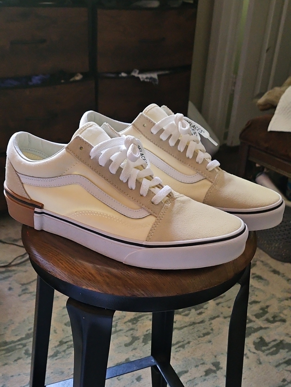 Custom Off White Vans Old Skool Gum Block Classic Suede Cream and White Shoe